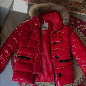 Moncler Red Puffer Jacket with Fur Trim